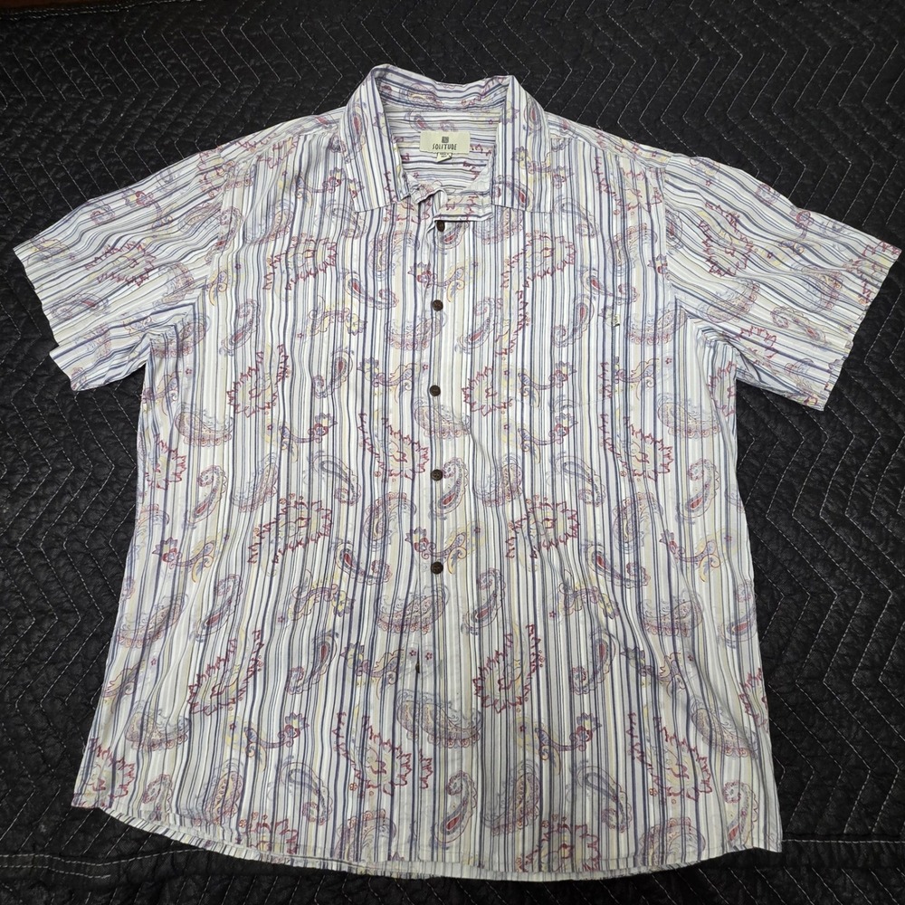 Solitude Mens Large Paisley Striped Short Sleeve Cotton Button Down Shirt White